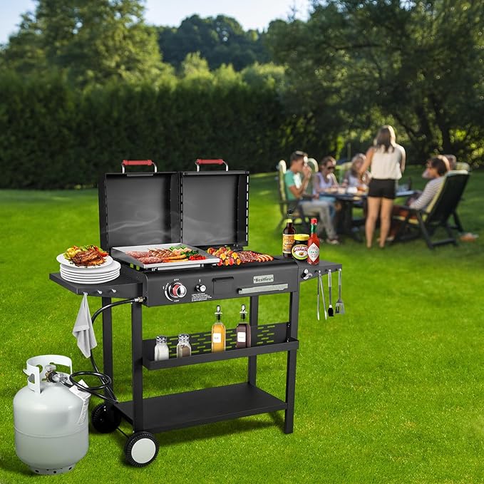 Propane Gas Griddle Charcoal Grill Combo Flat Top Griddle W/Dual Lids &amp 2 Side Shelves Dual Fuel BBQ Grill for Outdoor Barbecue