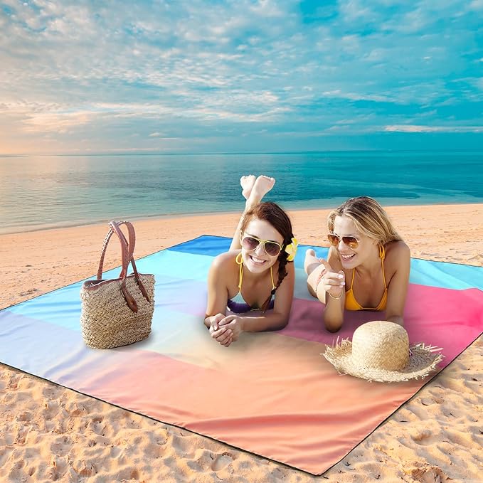 Beach Blanket Waterproof Sandproof Beach Mat 79 X 83/10'x9'for 2-8 Adults Quick Drying Outdoor Picnic Mat Beach Accessories for Travel Camping Hiking