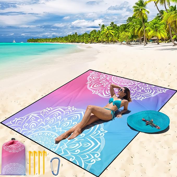 WIWIGO Beach Blanket Waterproof Sandproof Beach Mat 79 X 83/10'x9'for 2-8 Adults Quick Drying Outdoor Picnic Mat Beach Accessories for Travel Camping Hiking