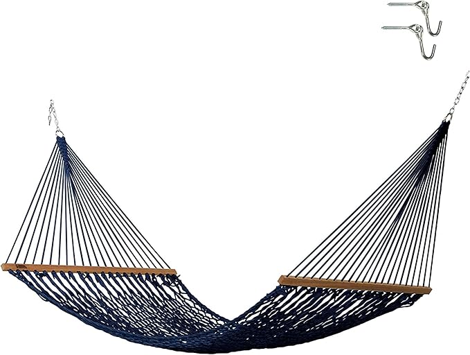 Hatteras Hammocks Large Navy DuraCord Rope Hammock – 13 ft. x 55 in. 2-Person 450 lb Capacity Cumaru Spreader Bar Zinc-Plated Hardware – Handcrafted in The USA