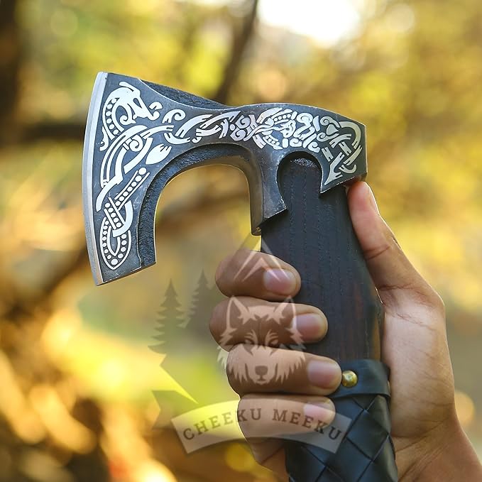 13 Custom Handmade Carbon Steel Real Viking Axe Hatchet Throwing and Camping Axe Birthday Gift for him Leather Wrapped Handle and Leather Sheath (FM 25)