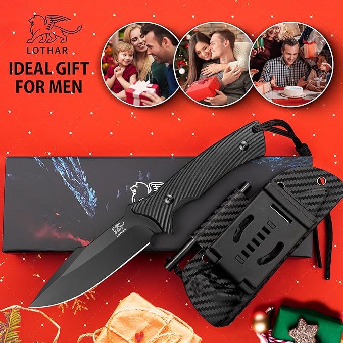 LOTHAR KA52 Fixed Blade Knife Sharp D2 Steel Blade Survival Knives with Kydex Sheath Hunting Knives with G10 Handle Camping Bushcraft Knife for Outdoor Camping Gifts For Men