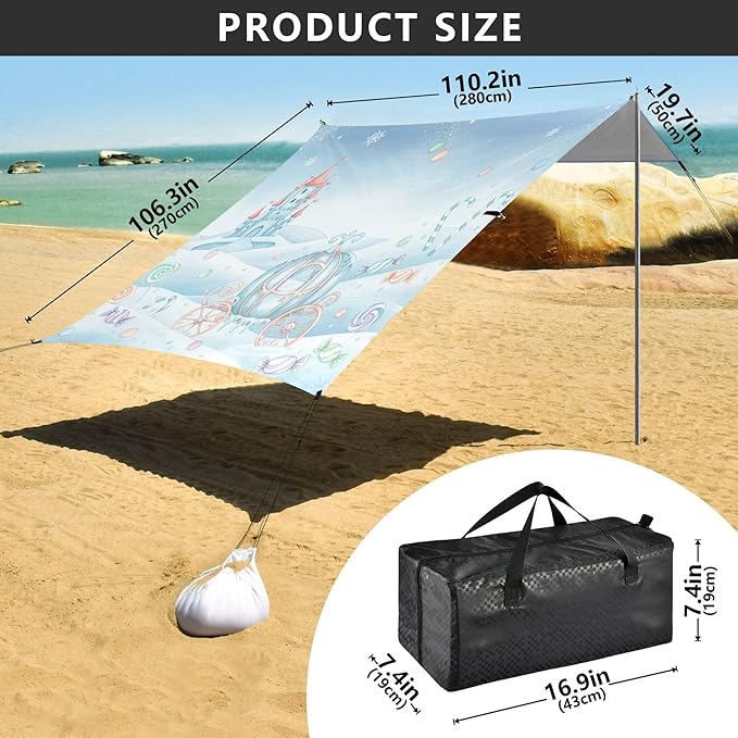 Winter Scenery Beach Canopy Sun Shelter with Sandbags &amp Sand Shovel &amp Windproof Ropes - Portable 110x126 Beach Shade Beach Tent for Camping Picnics