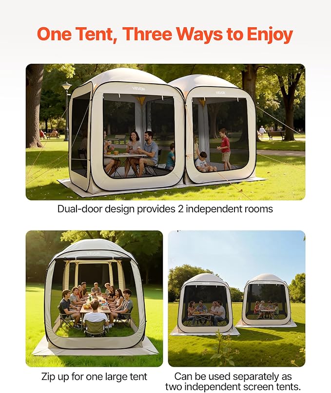 VEVOR Pop up Screen House Tent 12 x 6 ft 2 in 1 Screen Gazebo Portable Screened in Canopy with Carry Bag Netting Sides Ground Stakes for Garden Patio Backyard and Outdoor Activities Beige
