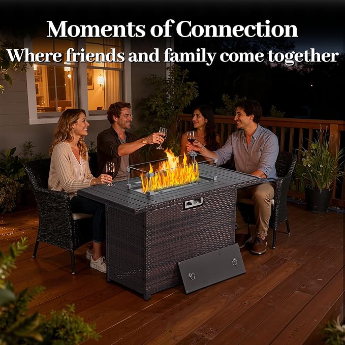 EortheX 44 Inch Propane Fire Pit Steel Gas Fire Feature Table with Iron LidGlass Rock Rain Cover and Tempered Glass Wind Guard for Outside Garden Backyard Deck Patio