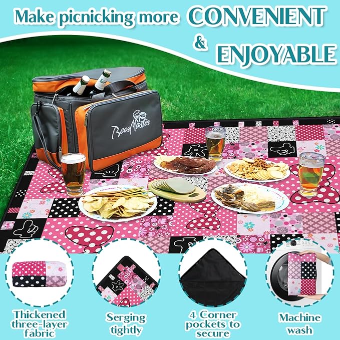 Pink Picnic Blankets Waterproof Foldable 60″X80″ Checkered Thick Picnic Mat Outdoor Blanket for Grass Cute Beach Blanket Sandproof Picnic Accessories for Camping Party Park Girls Gifts