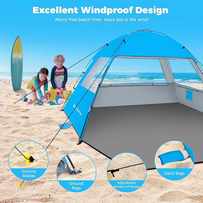 Venustas Beach Tent Sun Shelter for 3/4/6/8 Person UPF 50+ UV Protection Beach Canopy Lightweight and Easy Setup Cabana Portable Shade Tent