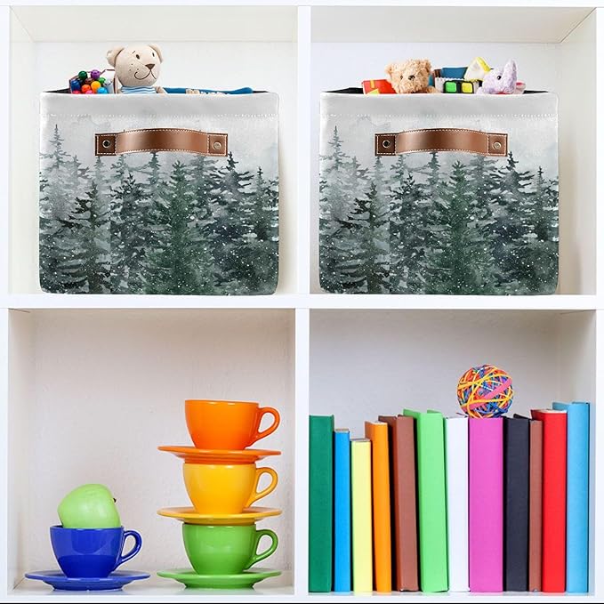 Winter Pine Forest Tree Storage Basket with Waterproof Liner and PU Handles Christmas Snow Scene Storage Bins Boxes 14.2 Collapsible Decorative Organizer Baskets for Bedroom Closet Office 2 Pack