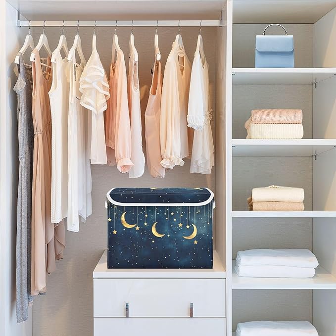 AIXIWAWA Storage Cube with Lid (Golden Moon and Stars) Fabric Foldable Closet Bins with Flip Lid and Handles Organizer Basket Container 16.5 x 12.6 x 11.8 IN