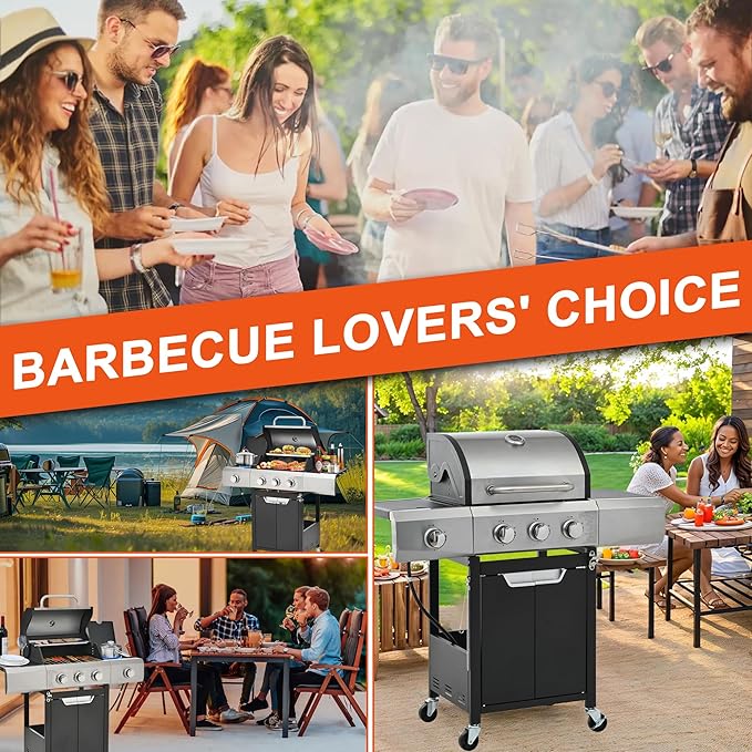 3-Burner BBQ Propane Gas Grill with Side Burner 40500 BTU Stainless Steel Patio Barbecue Grill with Storage Rack Tool Hooks &amp Bottle Opener for Camping Outdoor Cooking (Style2)