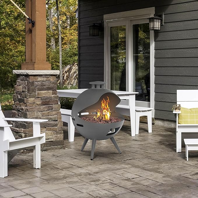24-Inch Chimenea Outdoor Gas Fireplace 55000 BTU Propane Fire Pit with Lava Rocks and Rain Cover Hemispherical 3-Legged Firepit Gray