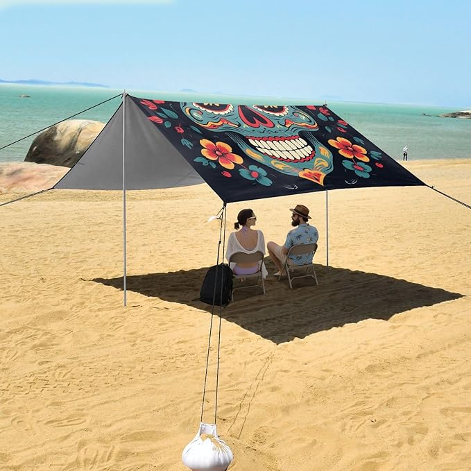 ALAZA Sugar Skull Flower on Black Beach Tent Sun Shelter Portable Canopy Sunshade for Outdoor Camping Picnics Backyard Fun 10x9 ft