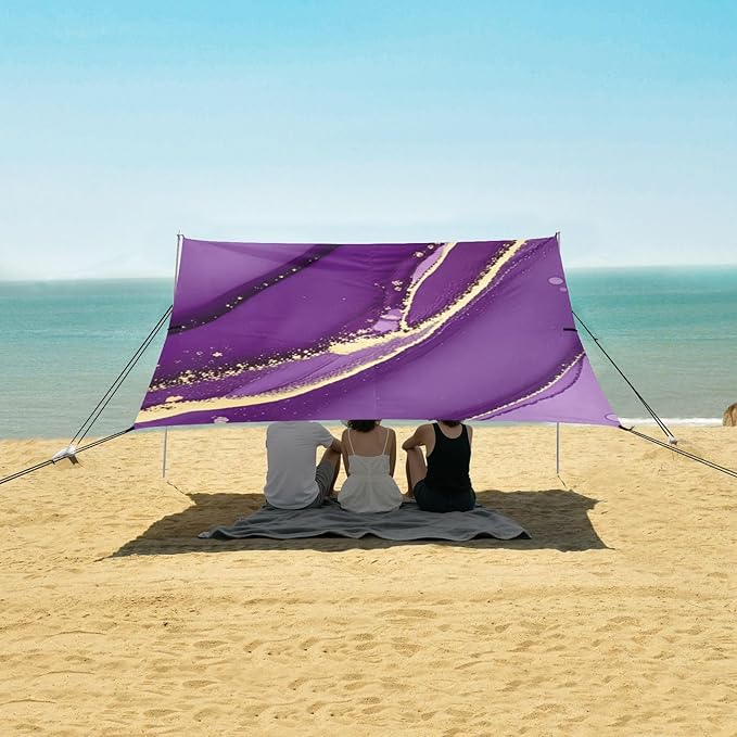 Beach Canopy with Windproof Ropes &amp Sandbags Beach Tent Sun Shade Sun Shelter for Camping Trips Fishing Backyard Fun or Picnics Purple Texture