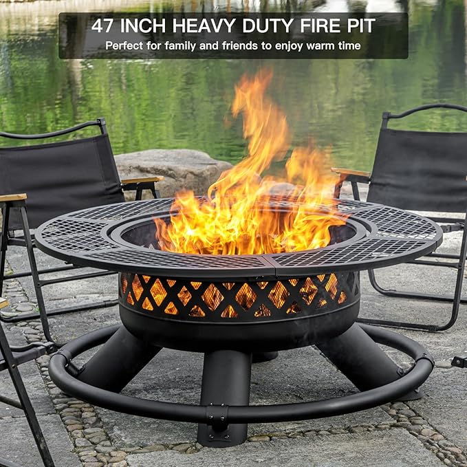 Panovue 47 Inch Outdoor Wood Burning Fire Pit with 2 GrillsExtra Large 3-in-1 Fire Pit with Metal Lid &amp Fire Poker Heavy Duty BBQ Firepits for Outside Backyard Bonfire Patio &amp Party (47''
