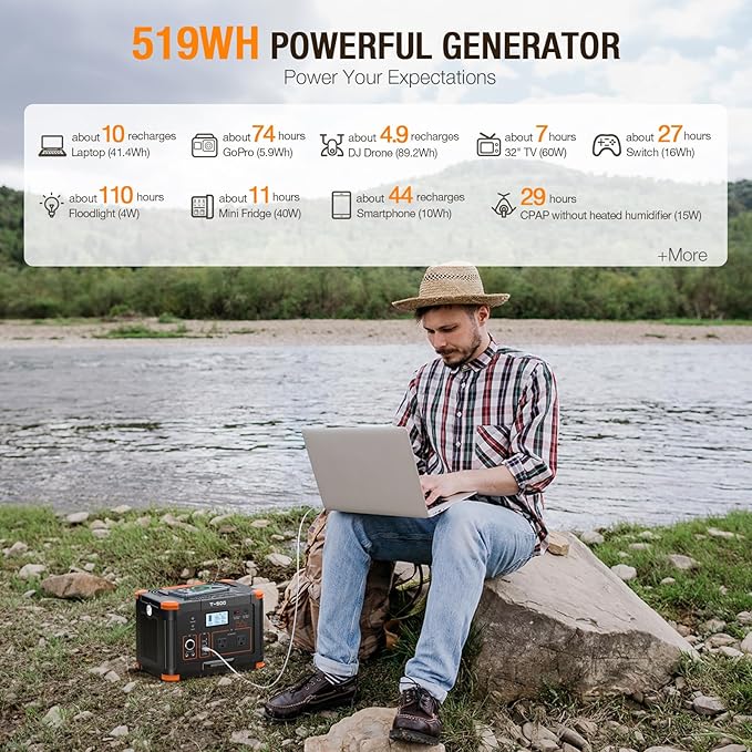 Portable Power Station 500W(Peak 1000W) 519Wh Outdoor Solar Generator Backup Battery Pack with 2 110V AC Outlets 500W 10-Port Powerhouse for RV/Van Camping Fishing Climbing Road Trip Home Emergency