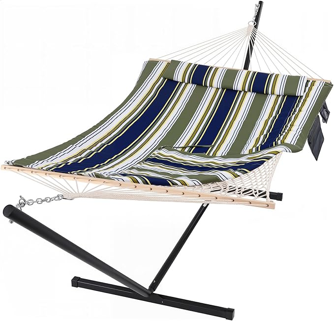 SUNCREAT Hammocks Double Outdoor Hammock with Stand Cotton Rope Two Person Hammock with Polyester Pad &amp Large Pillow Blue&amp Gray
