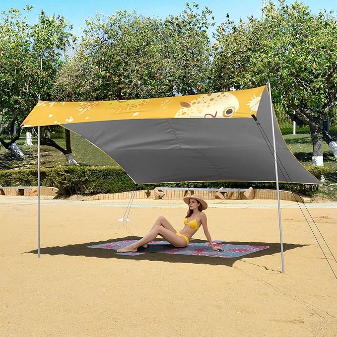 Cute Cartoon Puffer Fishs Stable Beach Tent UPF50 Easy Setup Large Sun Shelter with Sturdy Poles Sandbags and Shovel for Camping Fishing Backyard Fun