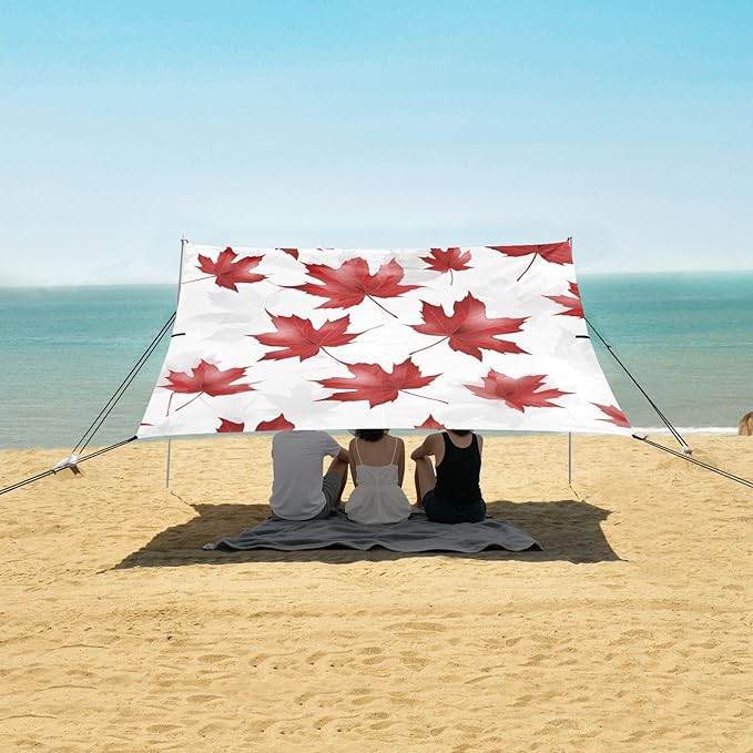 Canadian Red Maple Leaf Beach Cabana Tent UPF50+ Easy Setup Sun Shelter with Sand Pockets for Backyard and Camping