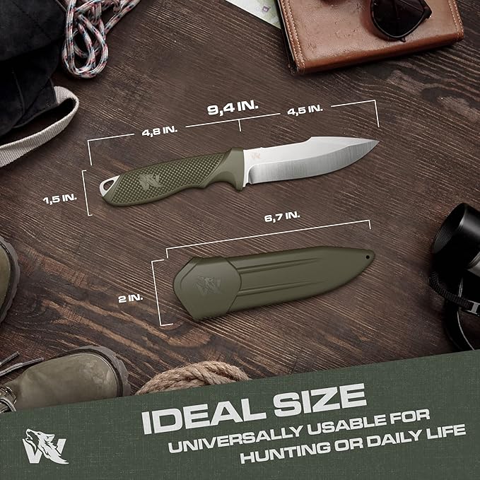 ODENWOLF WOLF-II Full Tang Survival Knife with Sheath and Multi Lok - Strong Tactical Fixed Blade - Made of D2 Steel - Bushcraft and Camping Knife - EDC Outdoor Knife with TPE Handle