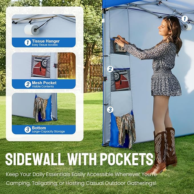 CROWN SHADES Canopy Tent 10 x 10 Foot Portable Pop Up Outdoor Shelter with Pocket Sidewall Push Center Lock UV Protection and Carry Bag Blue