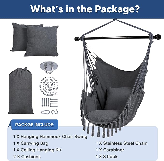SUNCREAT Hammock Chairs Hammock Chair Swing with Steel Support Bar Side Pocket Large Swing Chair for Bedroom Patio Garden Dark Gray