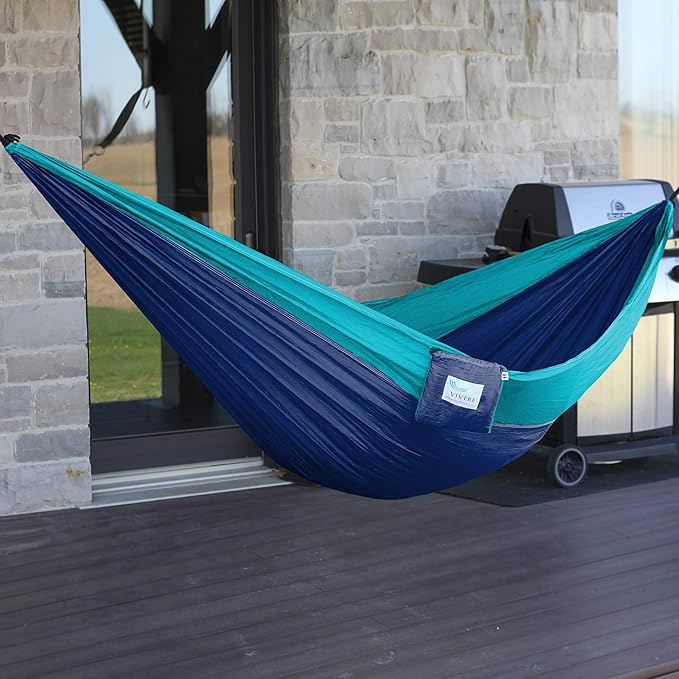 Vivere Double Parachute Camping Hammock Includes Stuff-Sack (Navy/Turquoise)