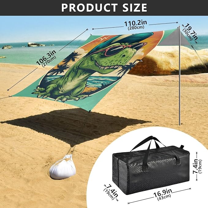 ALAZA Green Dinosaur Summer Beach Tent Sun Shelter Portable Canopy Sunshade for Outdoor Camping Picnics Backyard Fun 10x9 ft