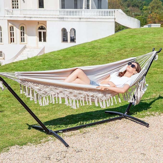 PNAEUT Handmade Tassel Hammocks Double Hammock with Stand for Outside Max 450 lbs Capacity Pillow &amp Storage Bag Included (Beige)