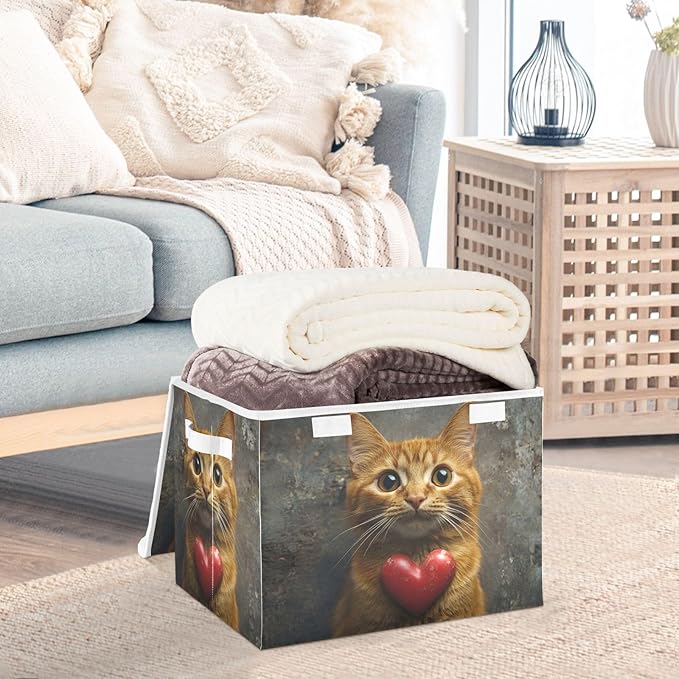 AIXIWAWA Lidded Storage Cube (Cat Valentine) Fabric Foldable Closet Bins with Flip Lid and Handles Organizer Basket Container 16.5 x 12.6 x 11.8 IN