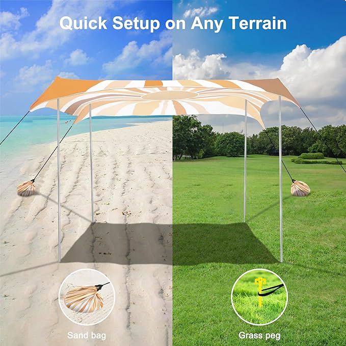 Beach Tent UPF 50+ Beach Canopy Sun Shade Portable 10×10 FT Large Pop-Up Beach Tent Sun Shelter with Sand Anchors Ground Pegs Easy Setup for Beach Camping Park and Backyard Fun - Sunflower