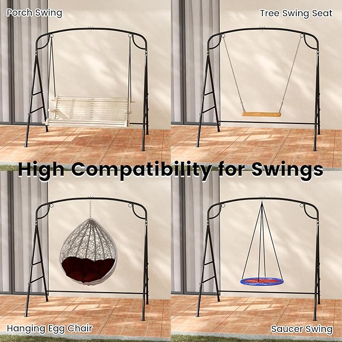 RELAX4LIFE Outdoor Hammock Chair Stand - 660LBS Capacity Heavy Duty Metal Swing Frame w/3 Hanging Rings 2 Hanging Ways A-Frame Swing Stand for Porch Patio Garden Backyard Hammock Chair Not Included