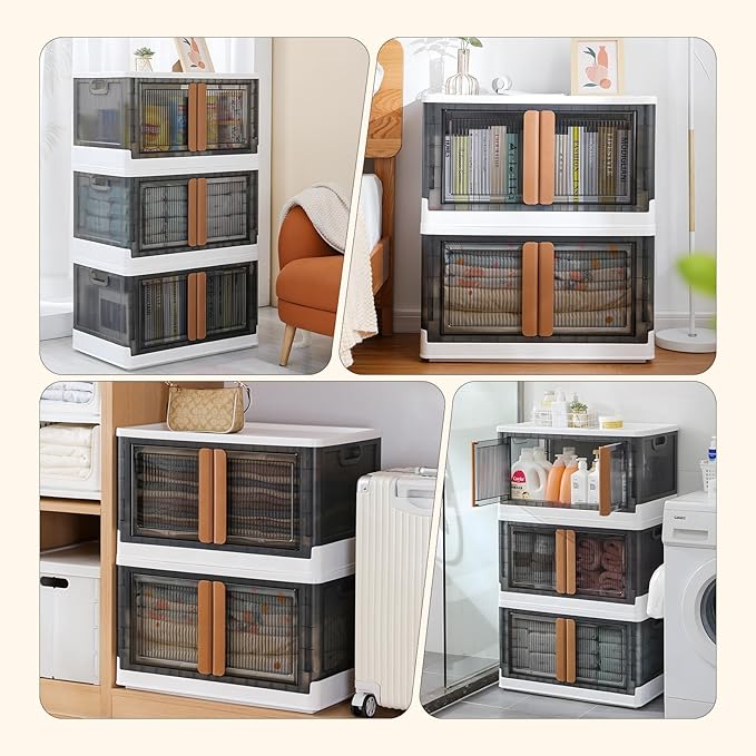 3 Pack 8.4 Gallon Collapsible Storage Boxes Lidded Storage Box with Door and Wheels for Books Towels and Clothes Folding Storage Box for Home White