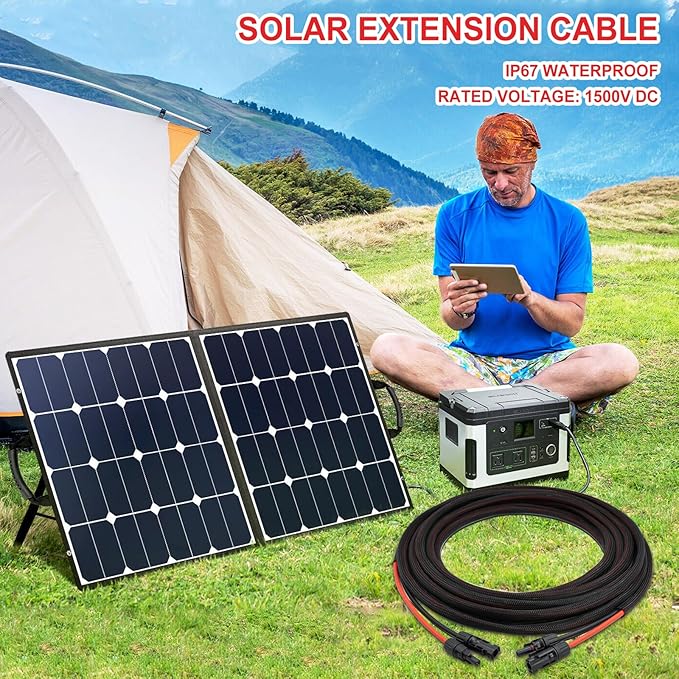 Twin Wire 100FT Solar Extension Cable - 10AWG(6mm²) Solar Panel Connector with 6 Pairs-IP67-Male/Female Solar connectors for Outdoor Automotive RV Boat Marine Solar Panel- Black &amp Red