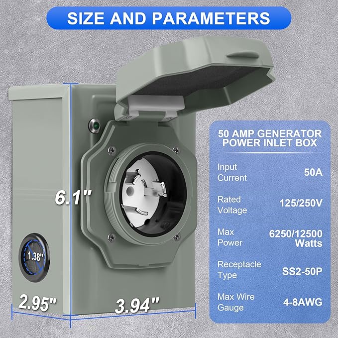50 Amp Generator Inlet Box NEMA SS2-50 Pre-Drilled Power Inlet Box for 3 Prong Generator Cord 125/250V 12500Watts Inlet Box with LED Power Indicator for Weatherproof Outdoor Use ETL Listed
