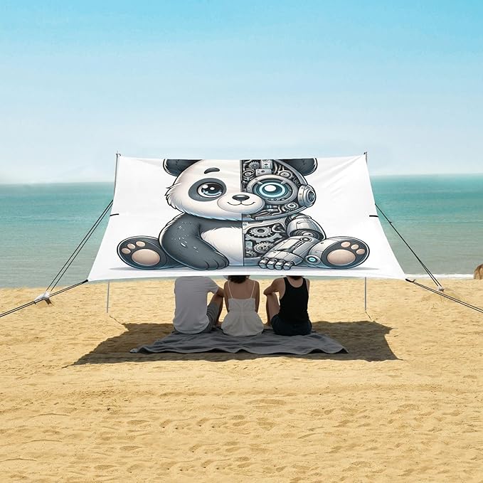 ALAZA Robot Panda Beach Tent Sun Shelter UPF50+ Protection Beach Shade Canopy w/ 4 Sandbags for Outdoor Camping Fishing Backyard Fun Picnic 10x9 ft