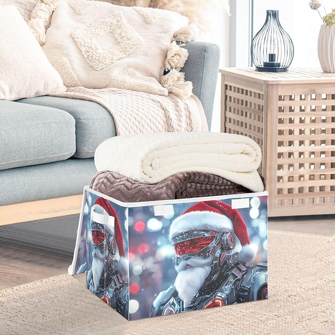 Cyber Santa Christmas Storage Cube Bins Basket with Lid Collapsible Flip-top Fabric with Handle for Home Bedroom Closet Office 16.5×12.6×11.8 in