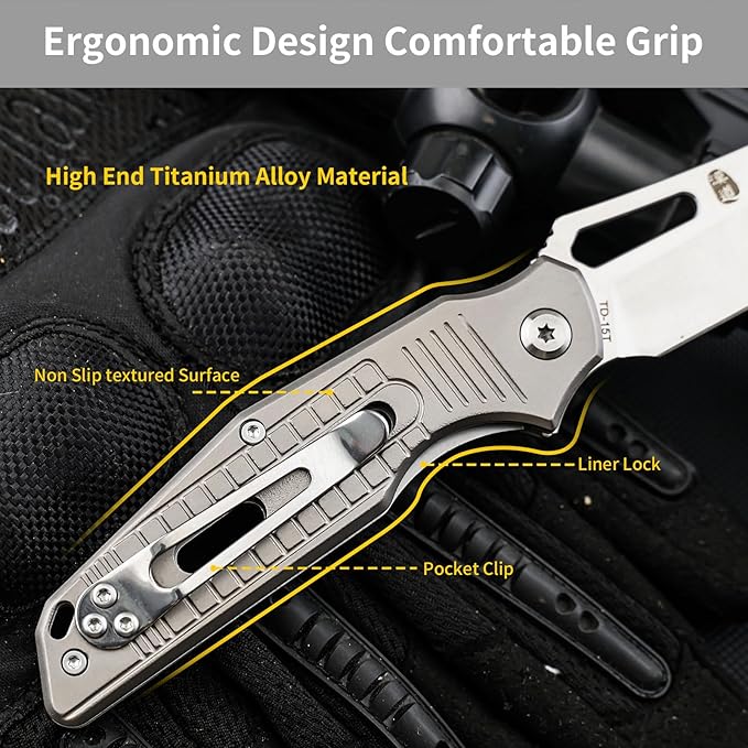 HX OUTDOORS Pocket Knife for Men Folding Knife with Clip D2 Steel Blade Titanium Handle Sharp EDC Tactical Knife for Camping Hiking Survival Outdoor Pocket Knives for Men Gift