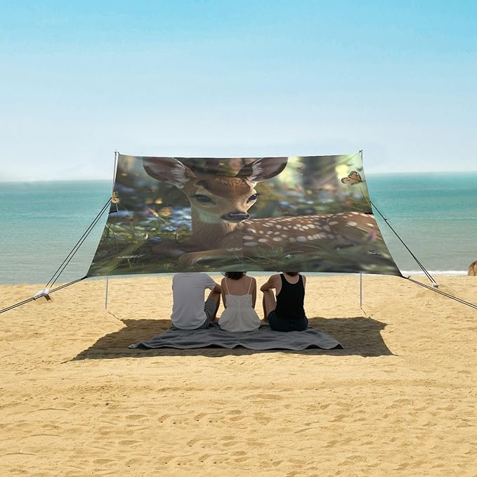 ALAZA Deer Fawn Forest Butterflies Beach Tent Sun Shelter Portable Canopy Sunshade for Outdoor Camping Picnics Backyard Fun 10x9 ft