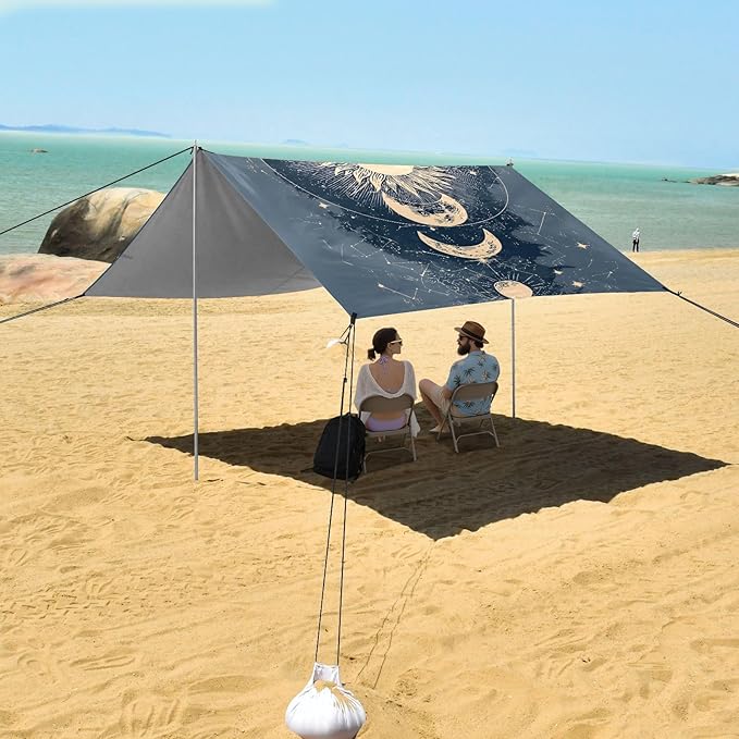 ALAZA Moon Sun Starry Sky Astrology Beach Tent Sun Shelter UPF50+ Protection Beach Shade Canopy w/ 4 Sandbags for Outdoor Camping Fishing Backyard Fun Picnic 10x9 ft