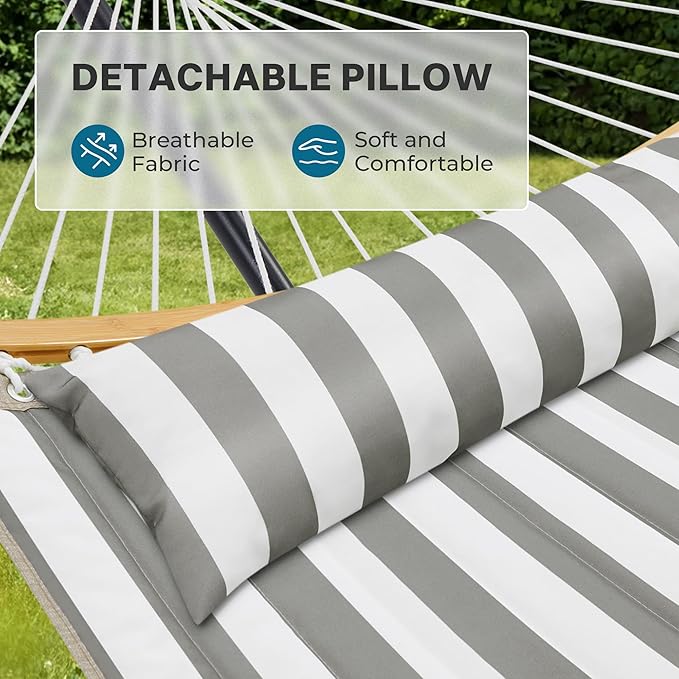 SUPERJARE Curved-Bar Hammock with Stand 2 Person Heavy Duty Hammock Frame Detachable Pillow &amp Portable Carrying Bag Perfect for Outdoor &amp Indoor Black and White Stripe