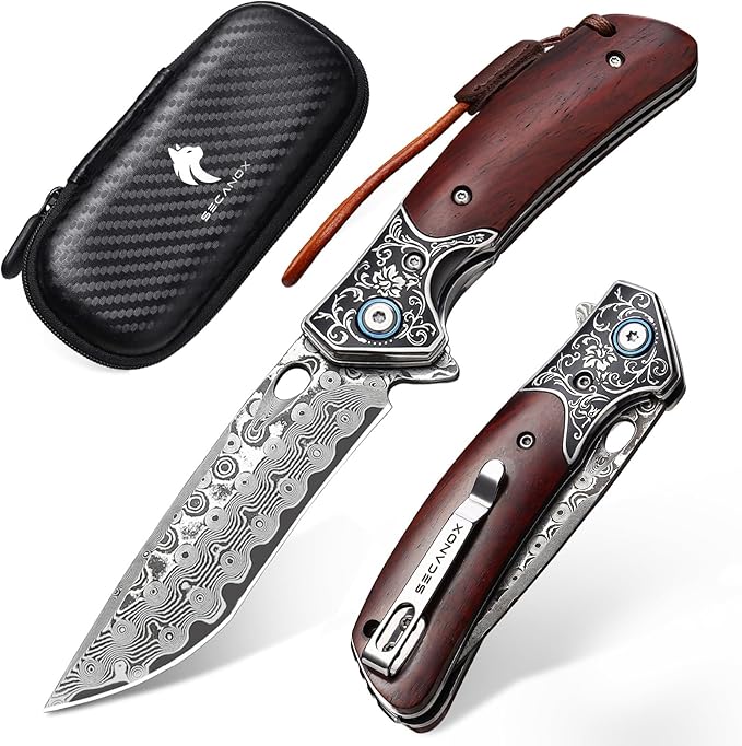 Damascus Pocket Knife with Wood Handle Sharp 3.23 Damascus Steel Blade Folding Knives EDC Knifes for Camping Hiking Collection