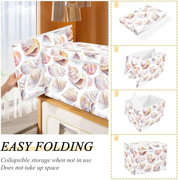 AIXIWAWA Lidded Storage Cube (Pattern Sea Shells) Fabric Foldable Closet Bins with Flip Lid and Handles Organizer Basket Container 16.5 x 12.6 x 11.8 IN