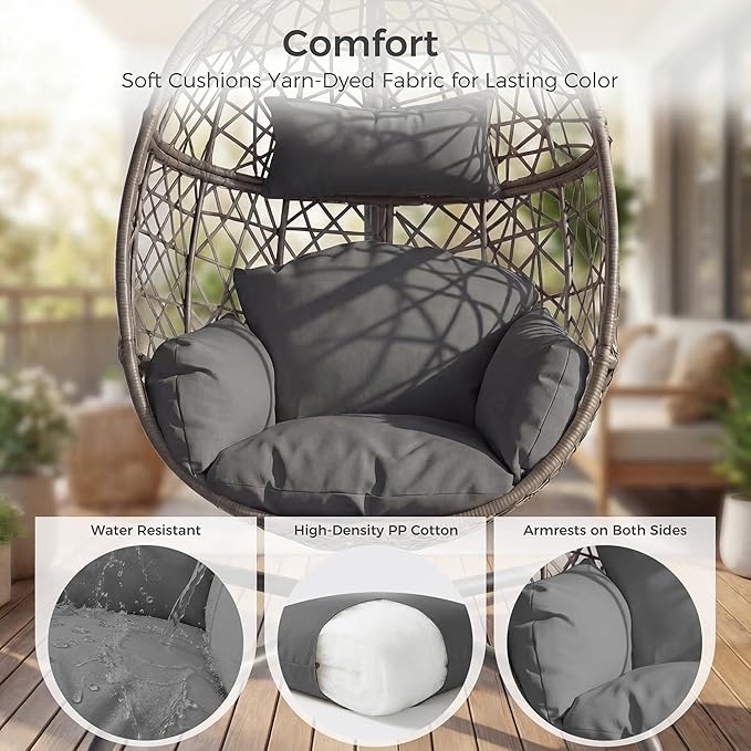 RADIATA Hanging Egg Chair with Stand Outdoor Swing Egg Chair with Thick Cushion Rattan Bird Cage Eggshell Basket Seat Patio Swinging Hammock Chair for Outside Backyard Dark Grey