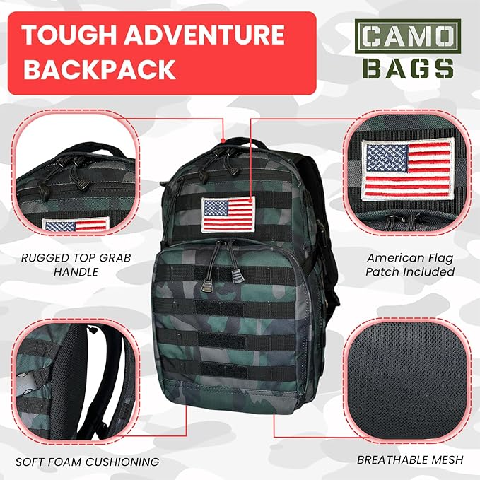 Camo Tactical Daypack Backpack - 1000D Polyester Tactical Backpack with Multi Compartments Air-Mesh Padded Back Side Compression &amp Adjustable Shoulder Straps - Travel Backpack Use for Outdoor &a