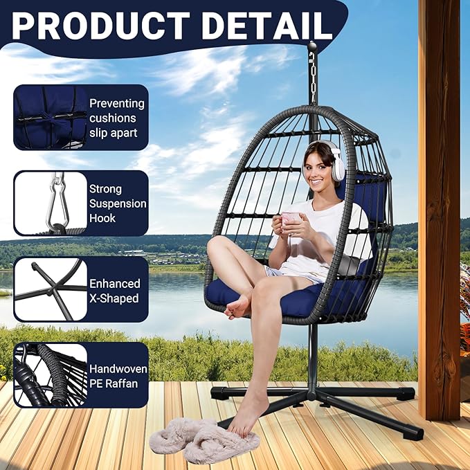 LEVELEVE Egg Chair with StandPatio Rattan Wicker Hanging Swing Egg Chair Hammock Chair for Porch GardenThickened Aluminum Alloy Steel Frame and UV Resistant Cushion350LBS Capacity(Dark Blue)