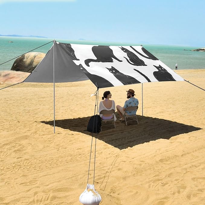 ALAZA Black Cats Silhouettes Pattern Beach Tent Sun Shelter UPF50+ Protection Beach Shade Canopy w/ 4 Sandbags for Outdoor Camping Fishing Backyard Fun Picnic 10x9 ft
