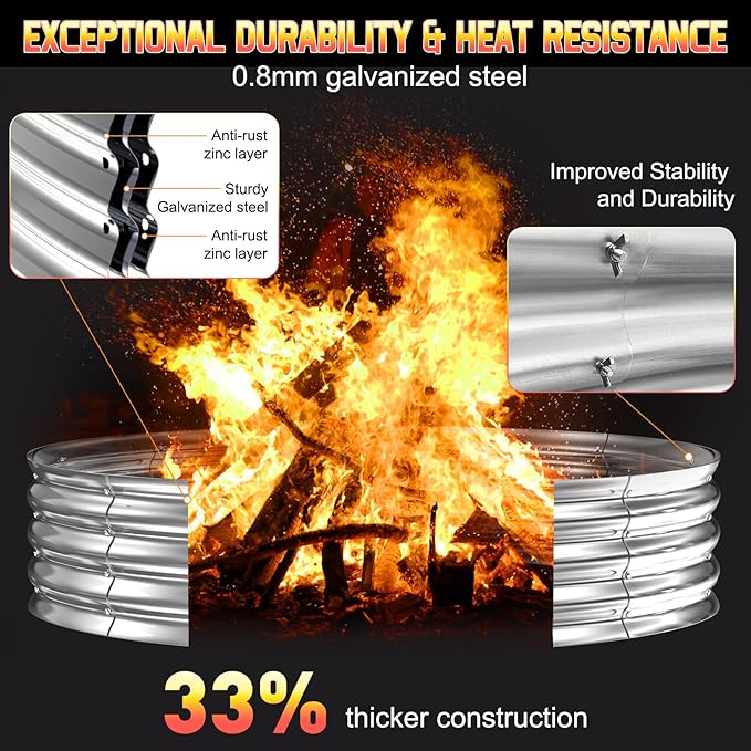 60 Inch Fire Pit Ring 5FT Galvanized Steel 12 Raised Heavy Duty Wood Burning Fire Pits&ampOutdoor Fireplace Heat Resistant Campfire Ring with Spark Guard for Outdoor Backyard Patio &amp Camping