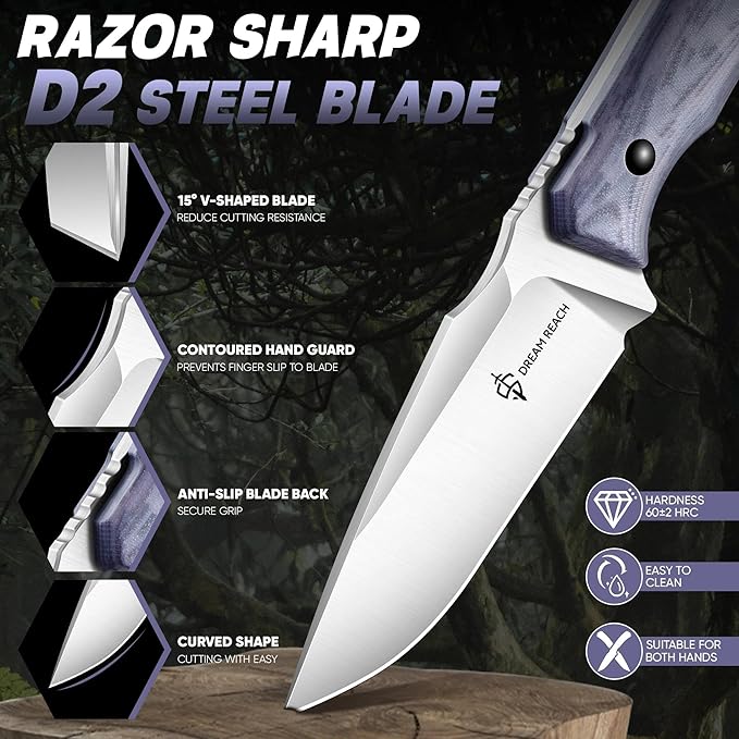 Dream Reach Fixed Blade Knife - D2 Steel Tactical Knife with Ergonomic Full Tang Handle and Kydex Sheath for Outdoor Camping Survival Gift for Men Women Purple