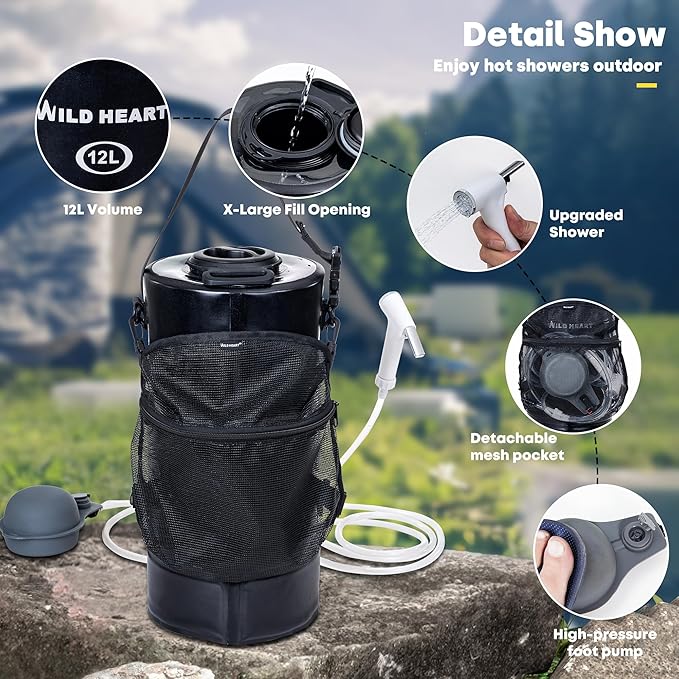 WILD HEART Camping Shower 22L/ 12L Portable Shower for Camping with Pressure Foot Pump and Hose - Solar Shower Bag Backpack for Camping Road Trip &amp Outdoor Use