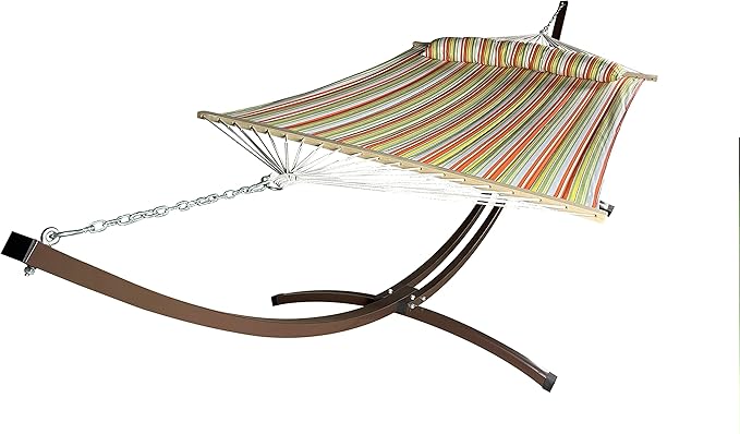 15 Ft. Indoor/Outdoor Heavy Duty Brown Steel Arc Hammock Stand w/Premium Quilted Hammock Bed. (Spring Stripe)